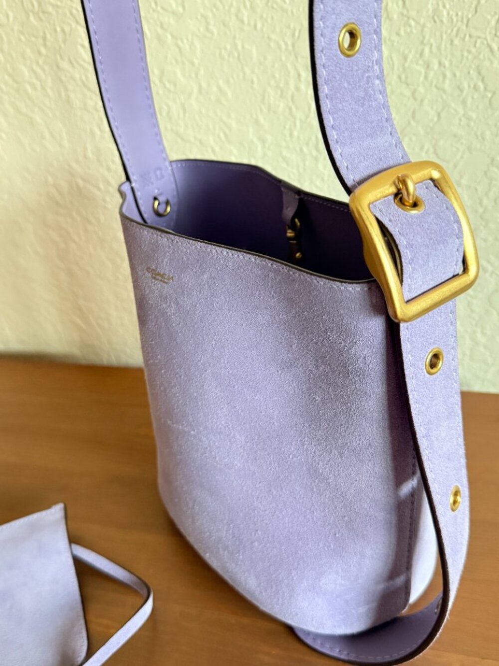 Coach Bleecker Bucket Bag 21 Violet Mist Suede Lavender Brass Removable Pouch - Picture 4 of 14